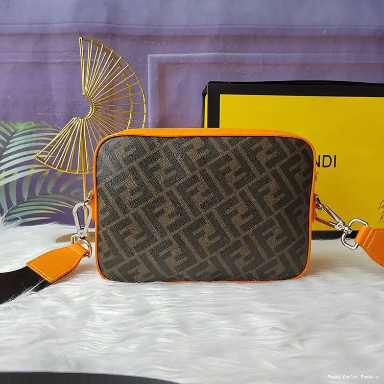 Cheap HOT Case FF Compact Fendi In Orange Camera Motif Fabric Brown 0517